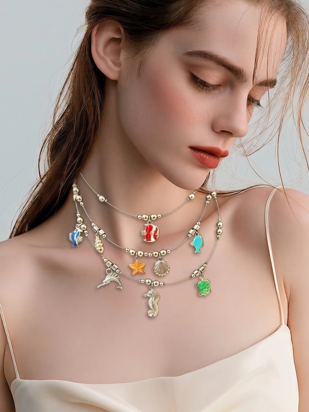 Ocean Multi-Charm Silver Layered Wired Necklace with Whimsical Accents Rare Vaca
